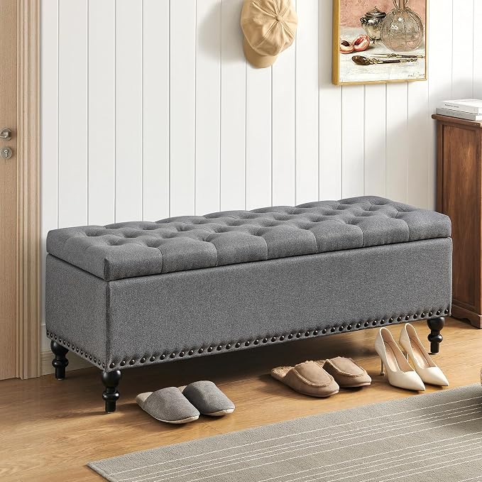 Storage Ottoman 50.2 Inches Upholstered Fabric Storage Ottoman Bench，Button by LivingGiving