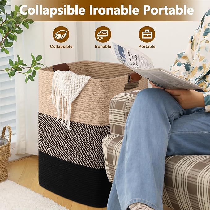 Laundry Hamper 96L Extra Large Laundry Basket, Woven Blanket Basket, Cotton - Image 5
