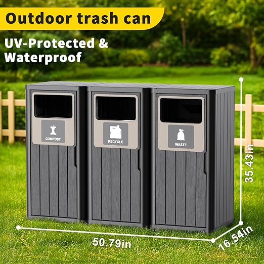 Outdoor Three Barrel Trash Can, Waterproof Resin Garbage Can - Image 5