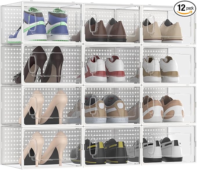 12 Pack X-Large Modular Clear Plastic Stackable Shoe Storage Organizer by FJFEOIYE