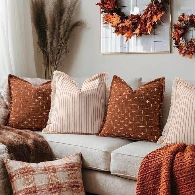 ZWJD Fall Throw Pillow Covers 26x26 Set of 2 Soft Polyester Textured Rust - Image 4