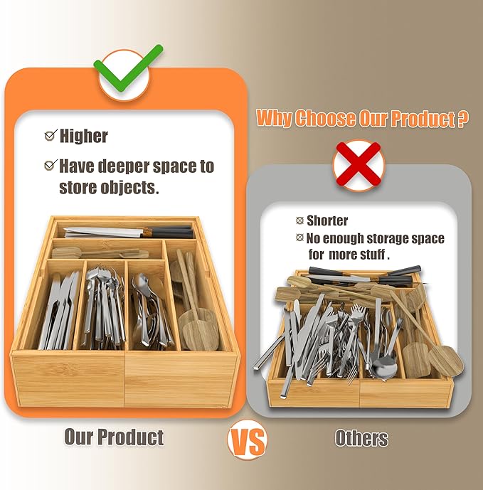 BAMEOS 3.9inch Tall Bamboo Drawer Organizer, Expandable Utensil Holder - Image 2