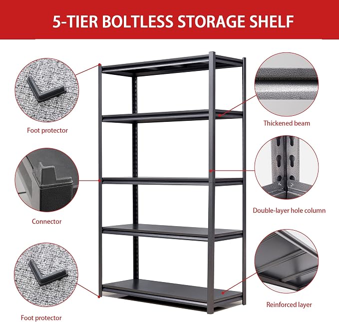 72" H Garage Shelving, Metal Storage Shelves, Adjustable 5 Tier Storage Rack - Image 3