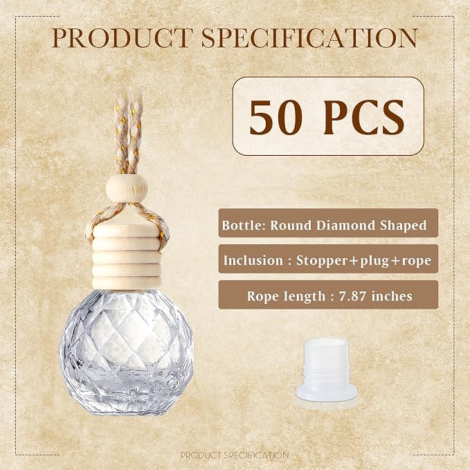 BBTO 50 Pcs Hanging Car Air Freshener Car Diffuser Bottles Empty Glass Perfume - Image 4