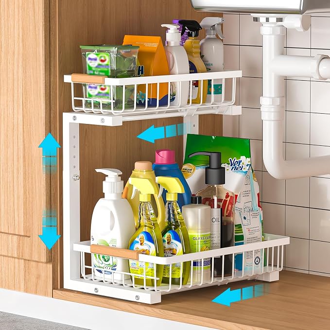 Under Sink Organizer Storage 1 pack, 2 Tier Slide Out Height Adjustable Pull by Liuoud