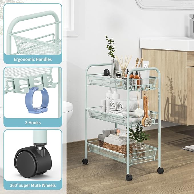 TOOLF 3-Tier Metal Rolling Cart, Mesh Wire Easy Assemble Utility Cart, Storage - Image 3
