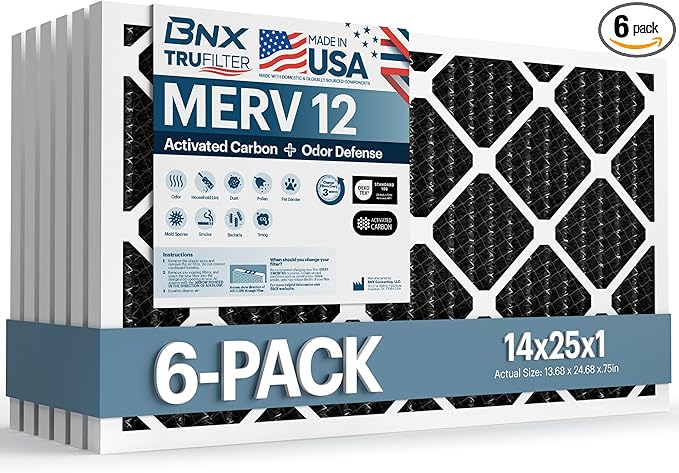 BNX TruFilter 14x25x1 MERV 12 Odor Defense AC Furnace Air Filter by BNX