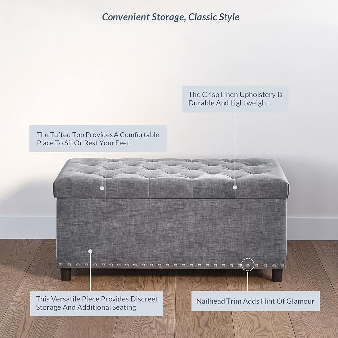 BELLEZE 35" Tufted Ottoman, Storage Bench - Image 3