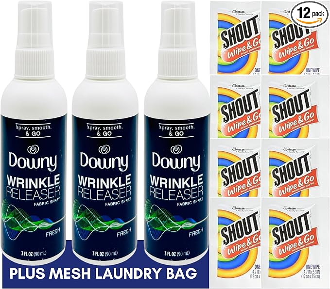 Downy Wrinkle Releaser Spray Travel Size 3 oz, 8 Shout Wipes Individually by Unknown