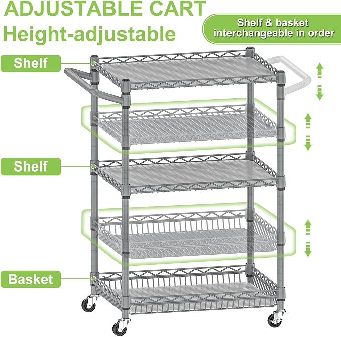 Metal Carts with Wheels, 3 Tier Rolling Utility Carts with Storage, Steel Wire - Image 3