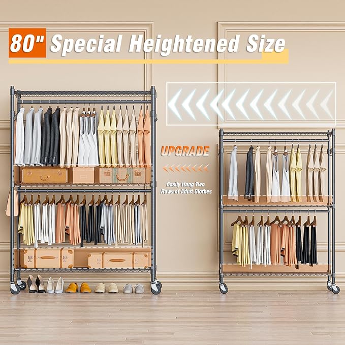 Homdox Heavy Duty Rolling Clothing Rack, Adjustable Garment Rack - Image 2