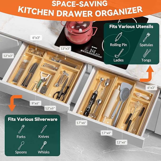 Bamboo Kitchen Drawer Organizer, Stackable Utensil Holder Silverware Organizer - Image 3