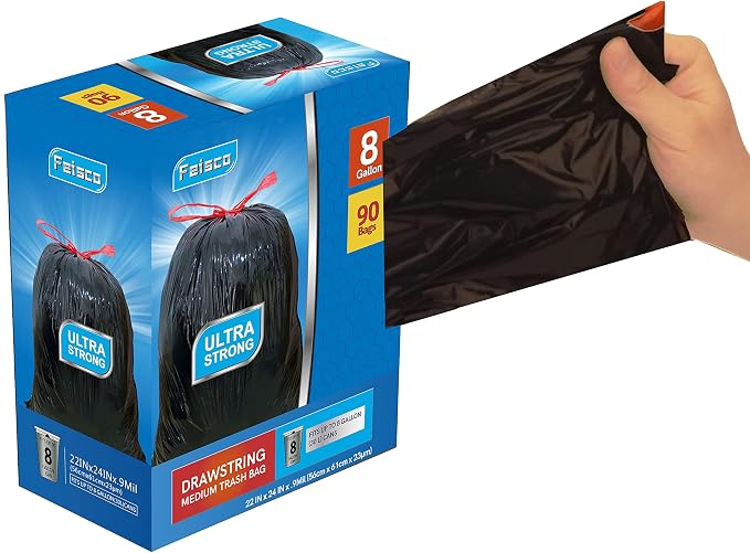 Feisco 8 Gallon Black Trash Bag, 30L Drawstring Garbage Bag Trash Can Liner by Feisco