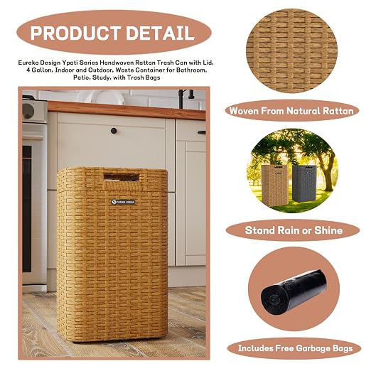 Ypati Handwoven 4 Gallon Rattan Trash Can - Image 4