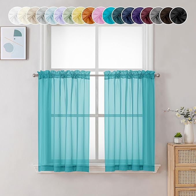 Chyhomenyc Turquoise Sheer Curtains 36 inch Length 2 Panels, Light Filtering by Chyhomenyc