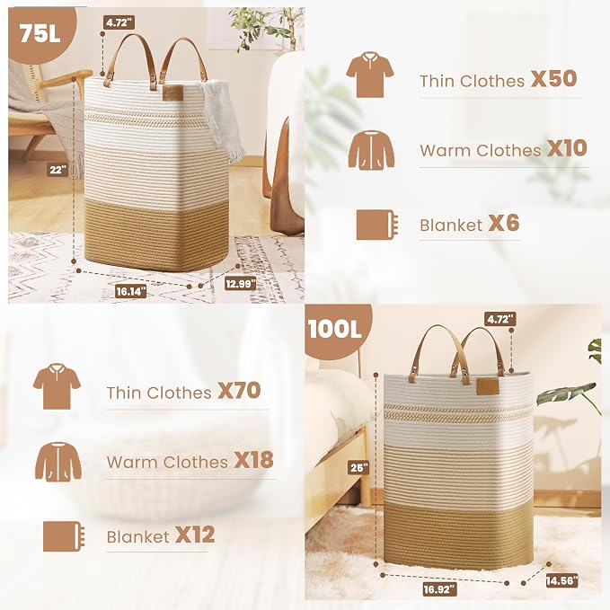 danpinera Large Laundry Hamper – 75L Tall Woven Cotton Storage Basket - Image 3