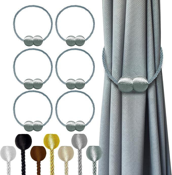 Hion Magnetic Curtain Tiebacks Gray Blue 6 Pack, Curtain Tiebacks Buckles by Hion