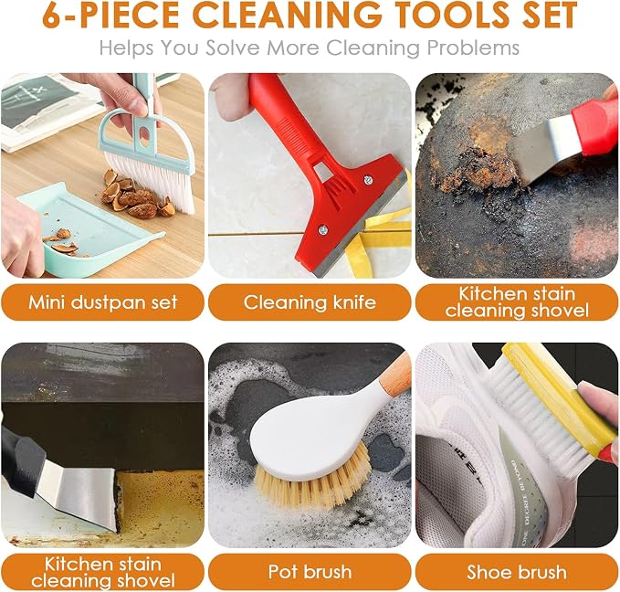 Broom and Dustpan Set with Long Handle and 6 Bonus Cleaning Tools, Upright - Image 3