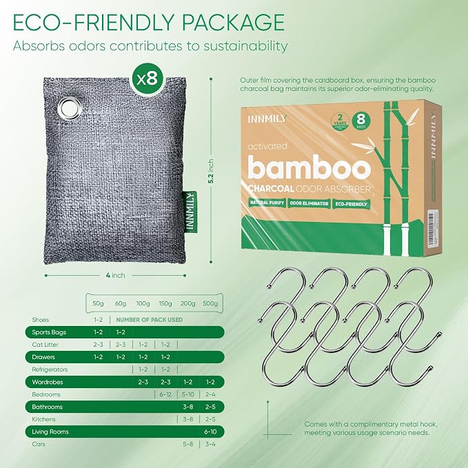 Activated Charcoal Odor Absorber, 8 Pack w Hooks Nature Odor Eliminator - Image 9