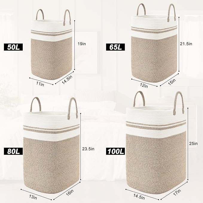 Woven Laundry Basket for Clothes, 65L Large Rectangle Laundry Hampers, Nursery - Image 8