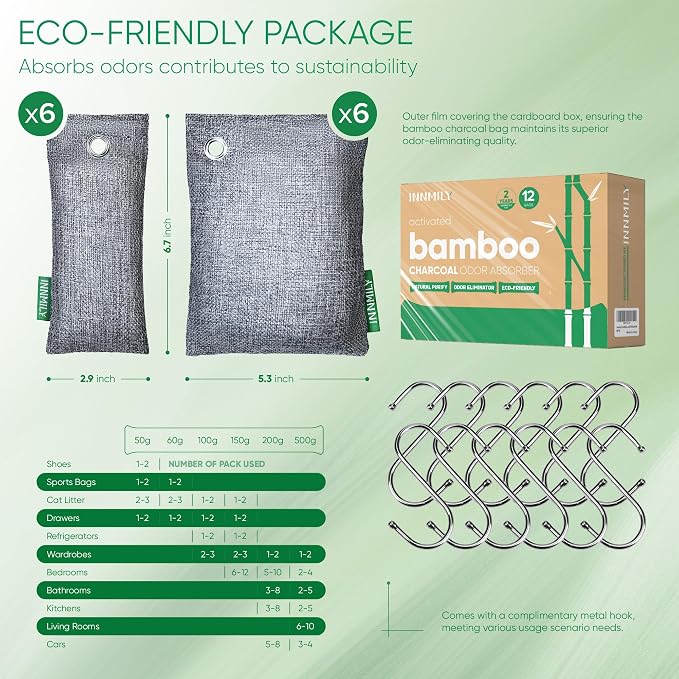 Activated Charcoal Odor Absorber, Large 12 Pack w Hooks Nature Odor Eliminator - Image 2