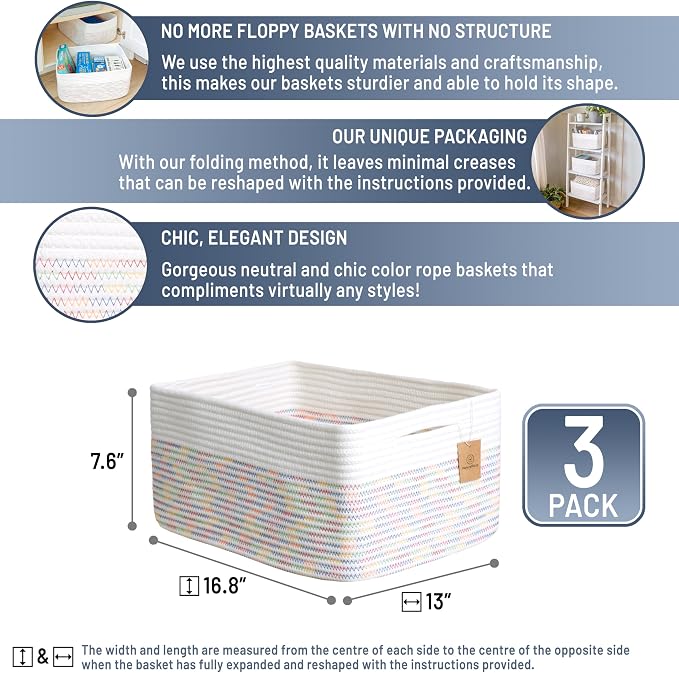 NaturalCozy Storage Baskets 16.8”x13”x7.6” Cotton Rope Woven Baskets - Image 2