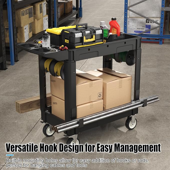 2 Tier Plastic Rolling Cart Utility Cart on Wheels, Heavy Duty Tool Carts - Image 5