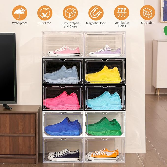 12 Pack White Shoe Boxes Stackable, Large Shoe Storage Organizer - Image 5