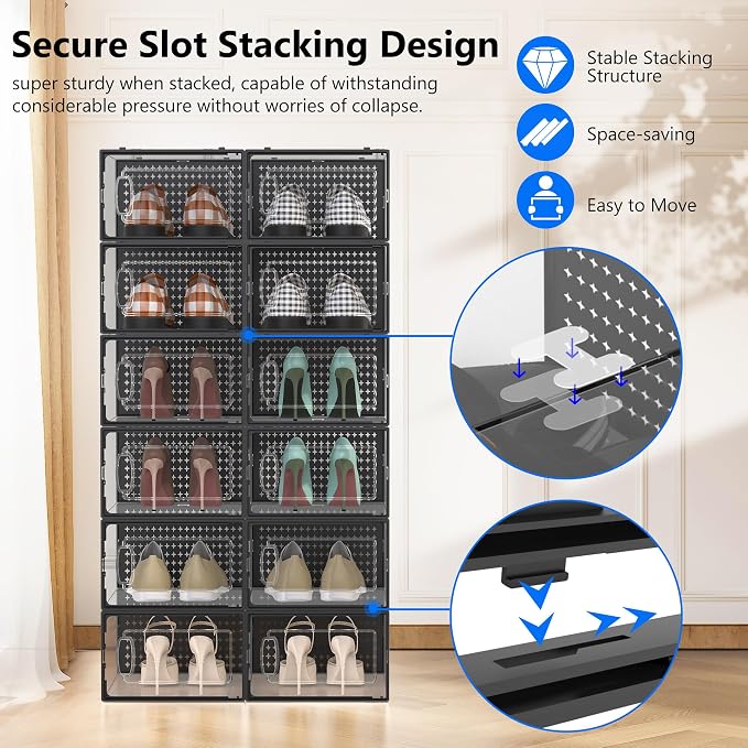 12 Pack Large Modular Clear Plastic Stackable Shoe Storage Organizer - Image 3