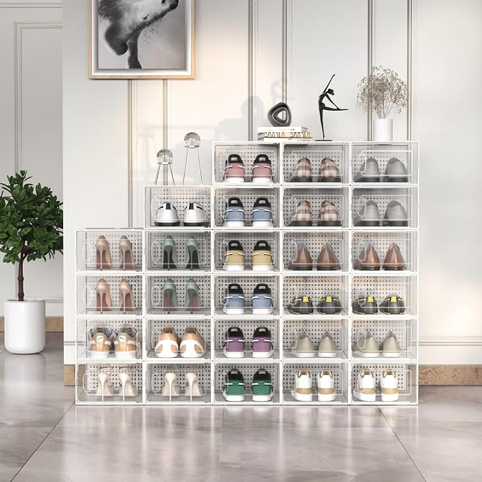 12 Pack Large Modular Clear Plastic Stackable Shoe Storage Organizer - Image 2