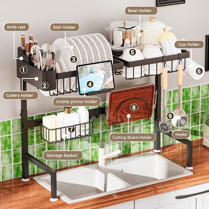 Over The Sink Dish Drying Rack, Expandable Height and Length, 2 Tier Large - Image 4