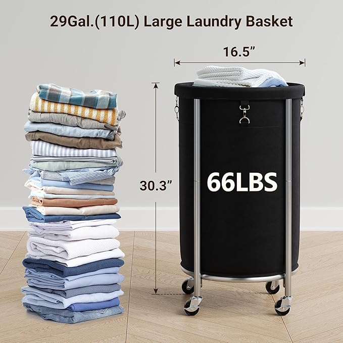 ELYKEN Laundry Hamper with Wheels, 110L Rolling Laundry Basket, Round Laundry - Image 3
