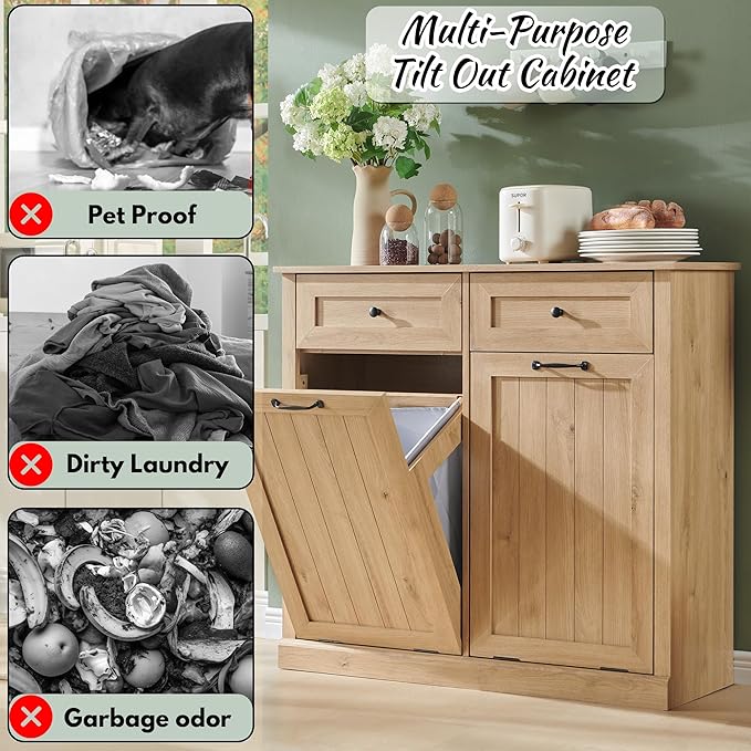 Double Tilt Out Laundry Hamper Cabinet, 20 Gallon Farmhouse Trash Can Cabinet - Image 4