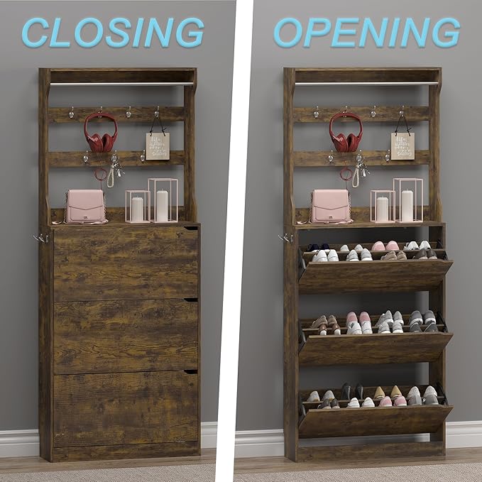 Shoe Cabinet with 3 Flip Drawers & Coat Rack, Narrow Hidden Shoe Storage Cabinet - Image 5