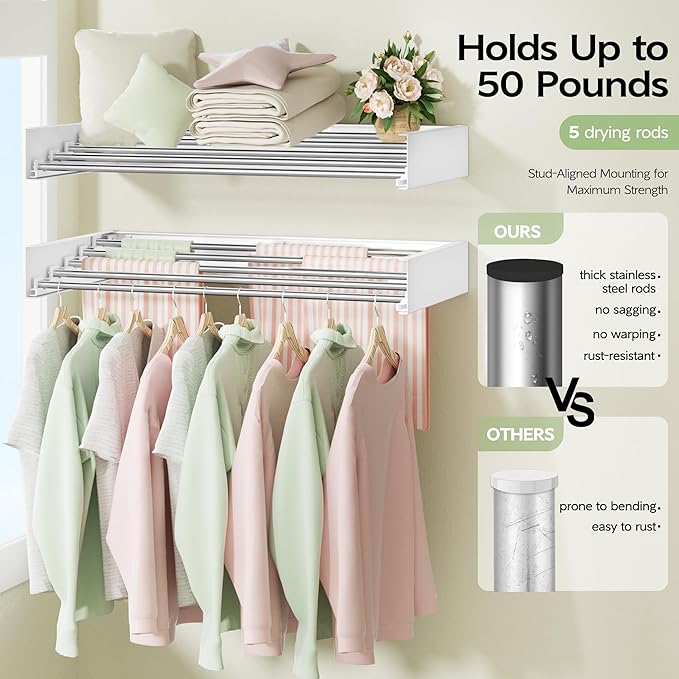 Wall Mounted Clothes Drying Rack 32", Foldable Wall Mount Laundry Rack Folding - Image 3