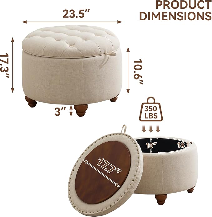 24Inch Round Storage Ottoman - Image 2