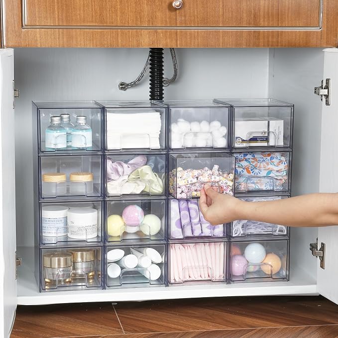 Vtopmart 12 Pack Clear Small Stackable Storage Drawers, Acrylic Bathroom Makeup - Image 6
