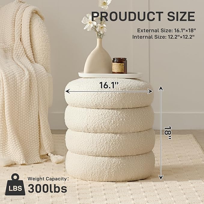 Round Ottoman with Storage Boucle Ottoman Stool with Storage Removable Lid - Image 3