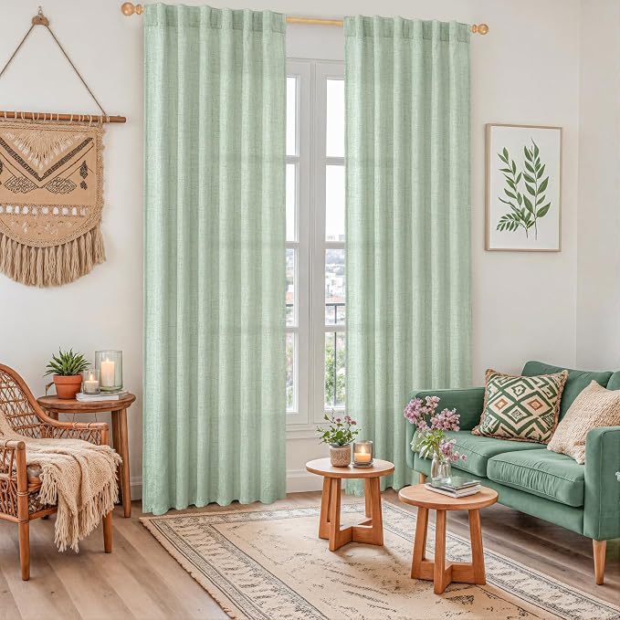YoungsTex Light Green Linen Semi Sheer Curtains 84 Inch Length 2 Panels - Image 2