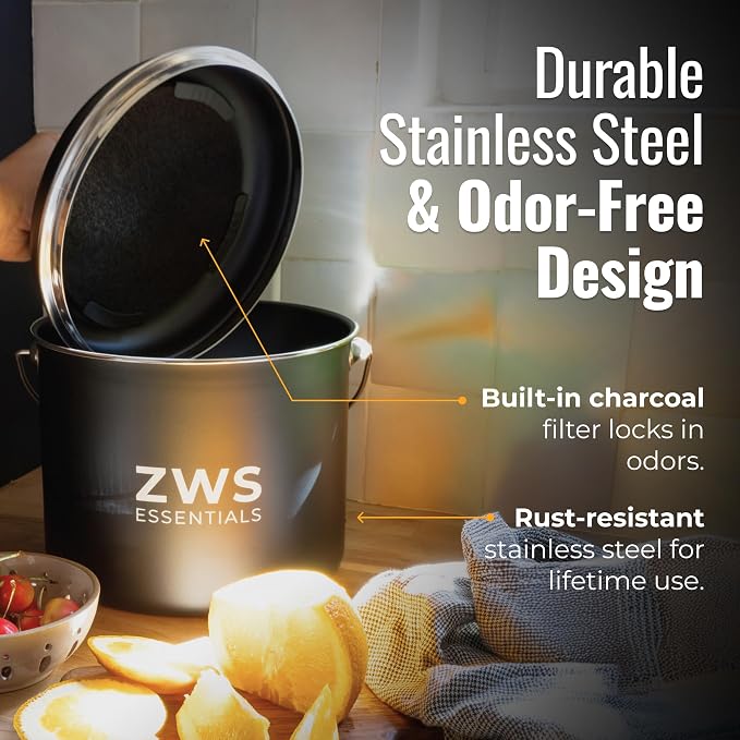 Black Stainless Steel Compost Bin | 6.5L Odor-Free Kitchen Countertop Food - Image 2