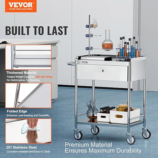 VEVOR Medical Cart, 2-Layer Stainless Steel Cart 220 lbs Weight Capacity - Image 2