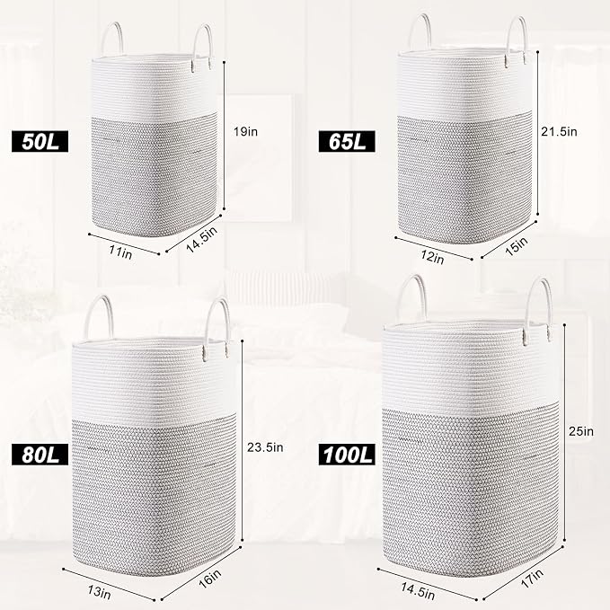 Woven Laundry Basket for Clothes, 65L Large Rectangle Laundry Hampers, Nursery - Image 9
