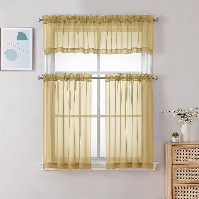 Chyhomenyc Gold Sheer Curtains 30 inch Length 2 Panels, Light Filtering Voile - Image 2