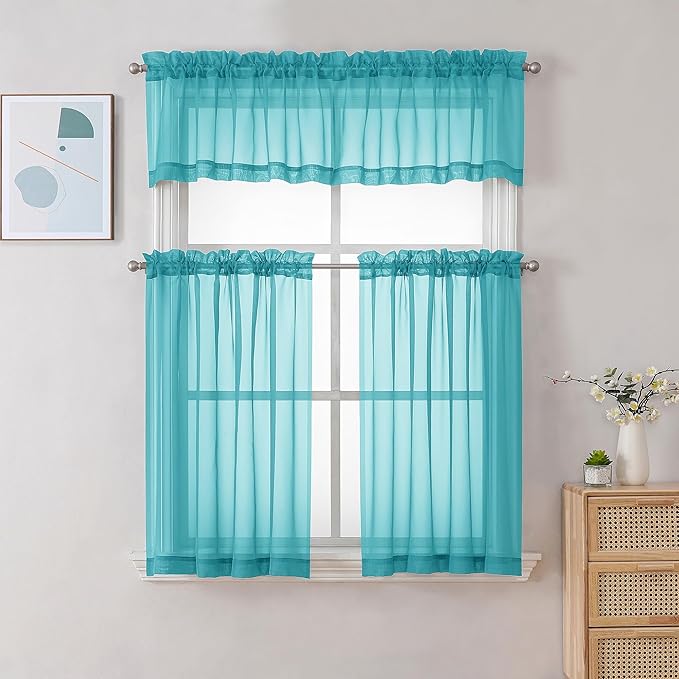 Chyhomenyc Turquoise Sheer Curtains 30 inch Length 2 Panels, Light Filtering - Image 2