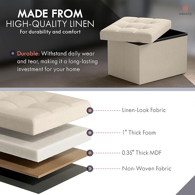 Ornavo Home Small Storage Ottoman Foldable Collapsible Rectangle Linen Ottoman - Image 4