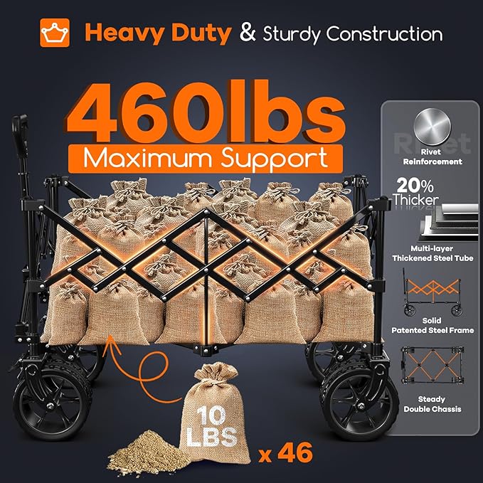 38"L Collapsible Wagon Cart Foldable, 460lbs Weight Capacity 220L Heavy Duty - Image 3