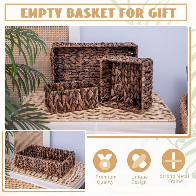Handwoven Wicker Storage Baskets Set, Natural water hyacinth & Iron Frame | - Image 4