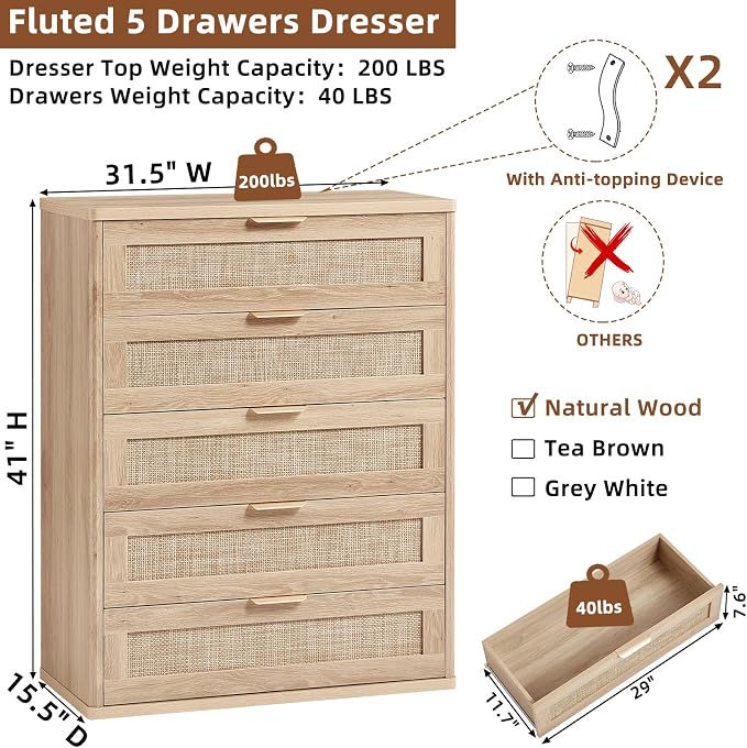 LEYAOYAO Rattan Dresser for Bedroom Set 2, Modern 5 Drawers Boho Dressers - Image 2