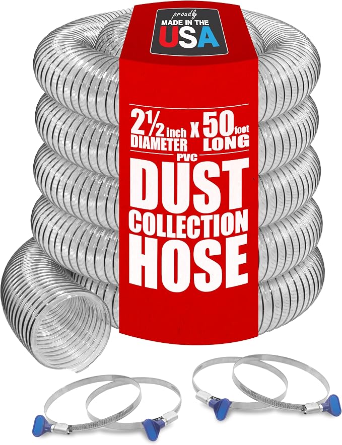 PVC Dust Collection Hose w/4 Thumbscrew Clamps, Puncture Resistant, Carbon by Fulton