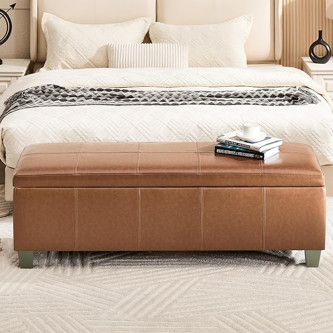 51" Faux Leather Storage Ottoman, Stitch Tufted Rectangle Upholstered End of - Image 7